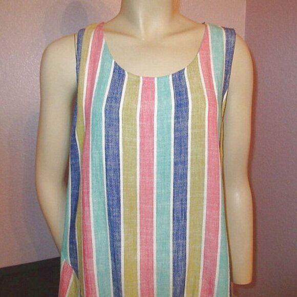 Cynthia Linen Blend Tunic Top Size L Rainbow Stripe Asymmetrical Lagenlook Artsy - Picture 2 of 10